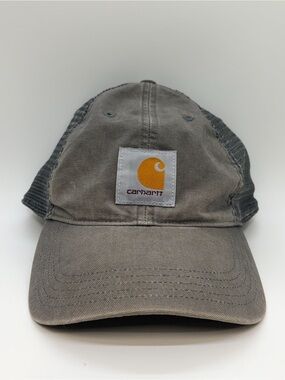 Carhartt Logo Patch Mesh Trucker Hat | Gray Cotton Snapback Cap | Distressed